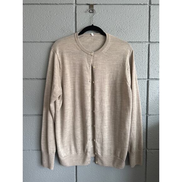 Women's Muji 100% Wool Crew Neck Cardigan Sweater size XL Quiet Luxury Preppy - Picture 2 of 5